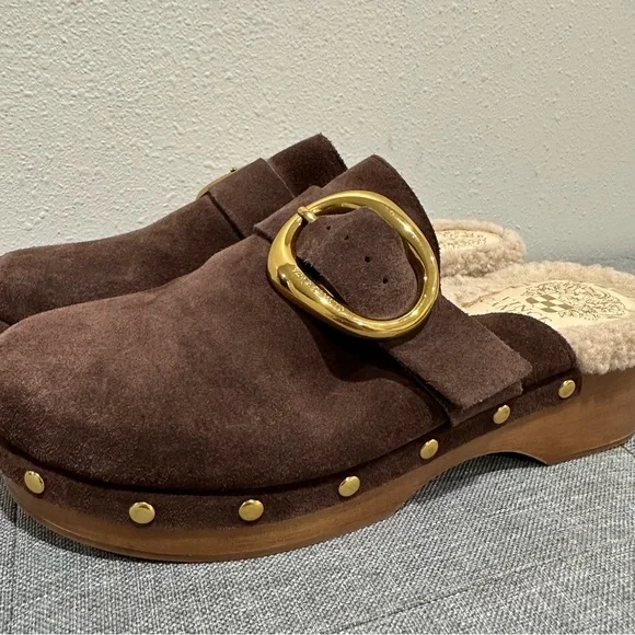 Vince Camuto Canzenee Chocolate Suede Mules with Gold Buckle - Picture 5 of 10